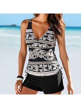 BLACK white tankini swimwear top Sz L